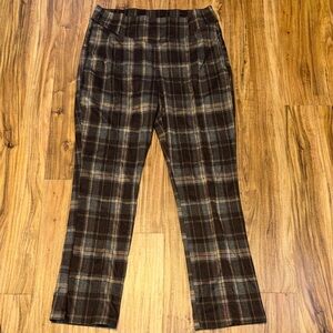 HALARA women Pants straight leg Plaid Brown tan grey pull on pockets stretch NWT